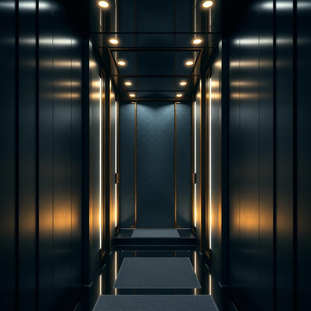 Modern architectural elevator interior with navy and gold materials